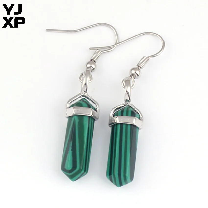 malachite stone YJXP посеребренные шестиугольная Призма кристалл натурального кварца Малахитовый Камень Висячие серьги для подарка Женская мода Шарм ювелирные изделия - Окраска металла: malachite stone