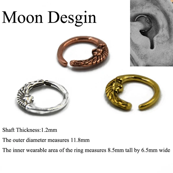 Moon Desgin 1 шт ухо trague спирали серьги, Надеваемые На ушной хрящ для кошка пижамы для малыша, сова, луна, Jaguar дизайн Daith сердце гибкие Бесшовные Кольцо Для Пирсинга Носа 16g - Окраска металла: Moon Desgin