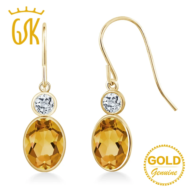 GemStoneKing 1 48 Ct ОВАЛЬНЫЙ Натуральный Желтый Цитрин Белый топаз Висячие серьги 14 K