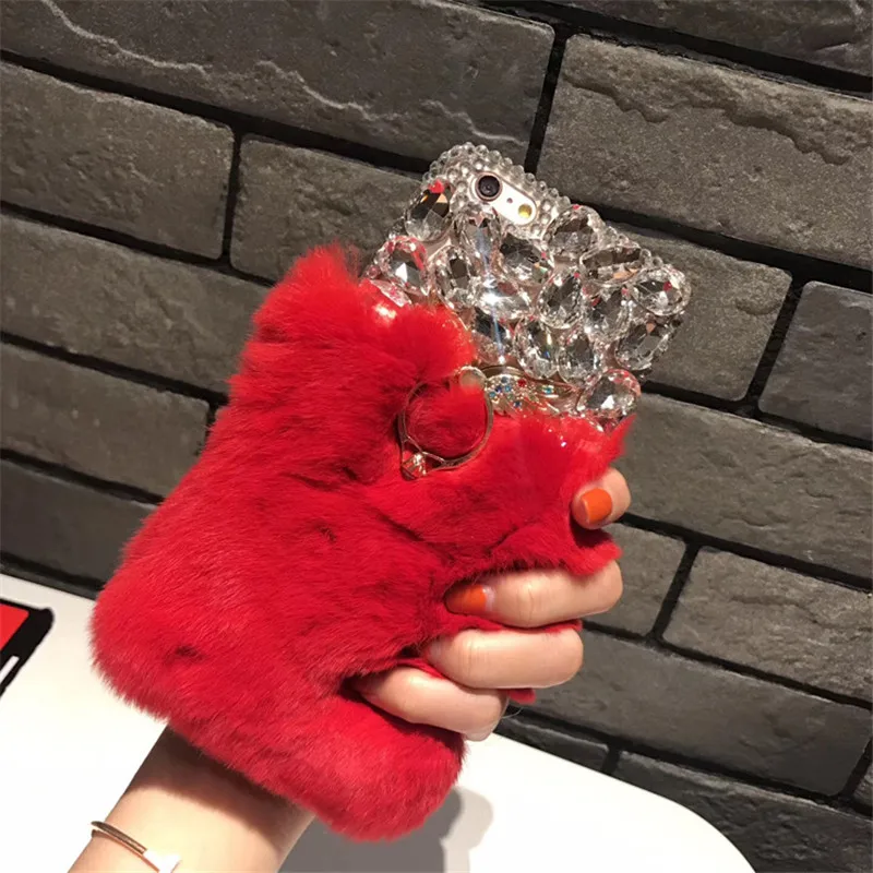 LaMaDiaa роскошный Теплый мягкий меховой чехол для телефона для iPhone 11 Pro Max XR 6 6s Bling Diamond чехол-держатель с кольцом для iPhone 6 6s 7 8 Plus - Цвет: red fur