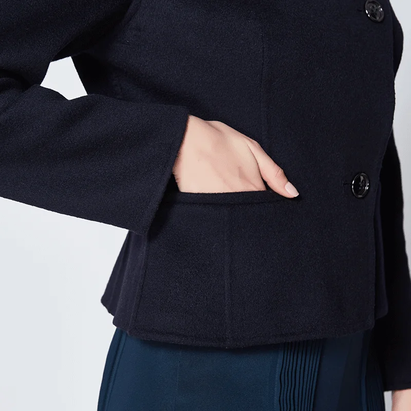 VOA кашемировое короткое пальто Женская куртка темно синяя теплая шерстяная