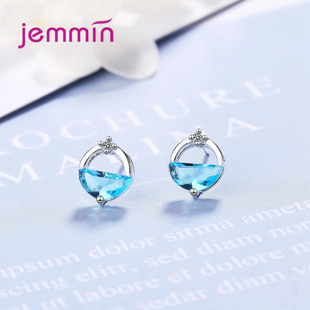 

925 Sterling Silver Korean Style Dedicate Women Gemetric Stud Earrings Blue White Cubic Zircon Earrings Bijoux Femme Wholesale