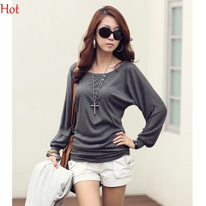 Женские модные футболки с длинным рукавом летучая мышь осенняя Весенняя