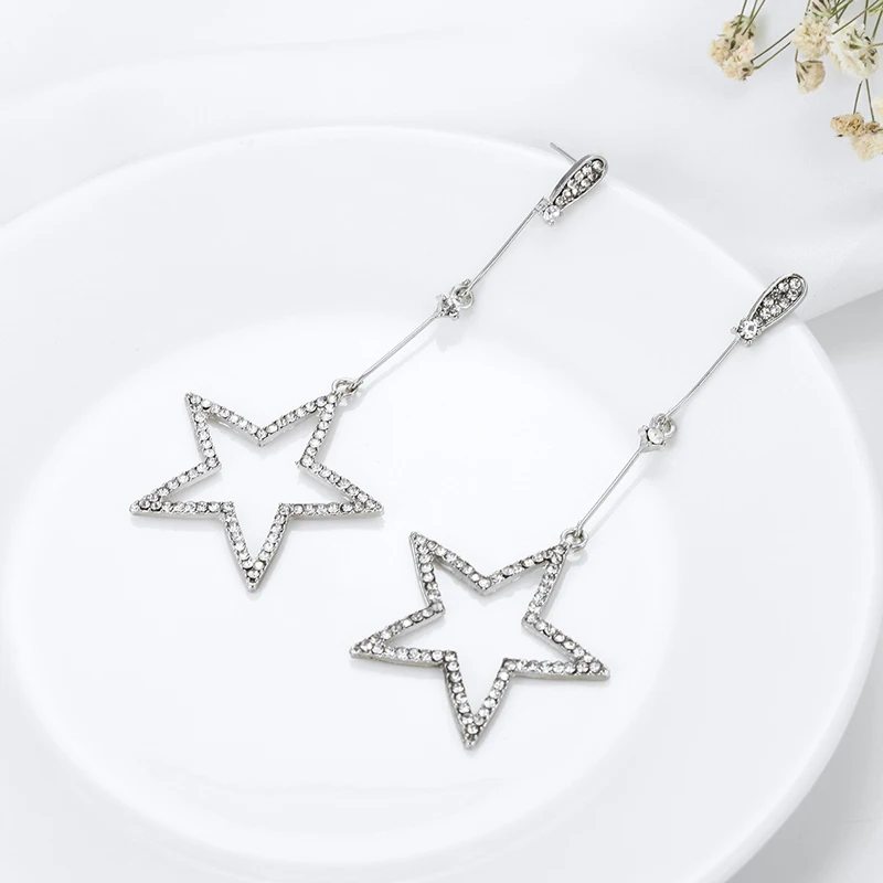 Trendy Korean Style Alloy Pentagram Crystal Drop Earrings For Women Statement Long Dangle Earings Fashion Jewelry | Украшения и