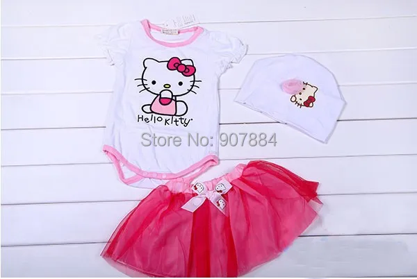 5setslot Fashion 2014 New Summer Short Sleeve Hello Kitty Baby Romper + Pink TUTU Skirt Hat Girl 3pc Clothing set | Мать и ребенок