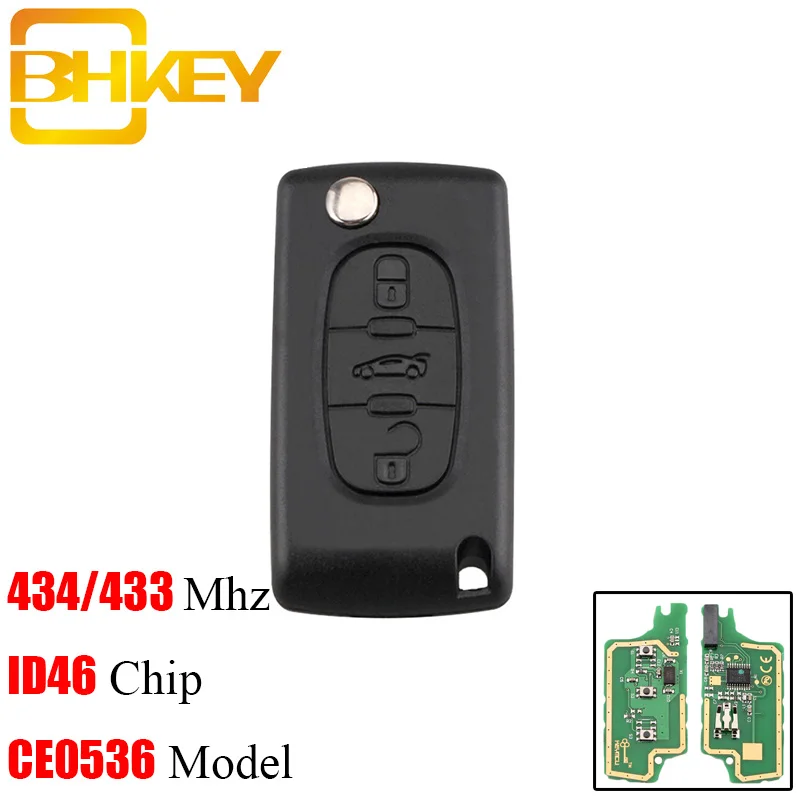 

BHKEY 3 Buttons Remote Car Folding Key Fob For Peugeot Citroen Berlingo 307 407 308 433Mhz ID46/PCF7961 Chip VA2 Blade