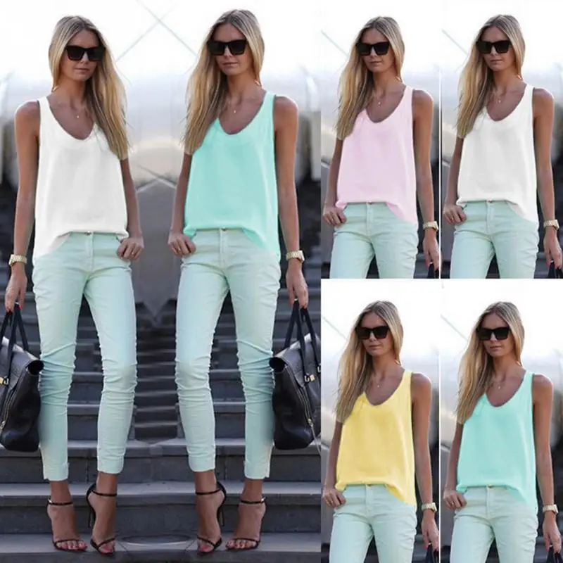 Летняя женская рубашка шифоновые топы без рукавов блузки одежда Элегантные