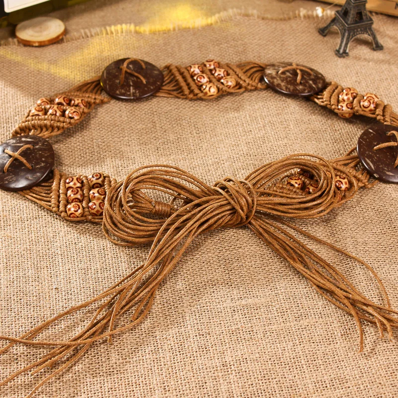 

2017 New Belts for Women wide belt braided rope knotted wooden beads decorative tassels Waistband female belt