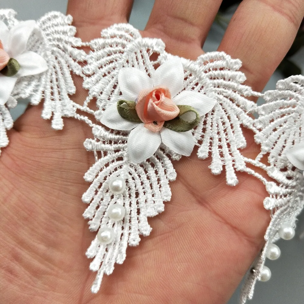 20 шт. Белый 3D цветок жемчуг бант вышитая кружевная отделка Лента тканевая
