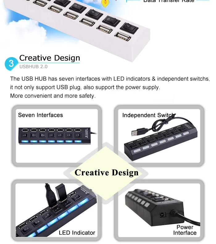 7 портов высокоскоростной usb-хаб 480 Мбит/с USB 2,0 концентратор переключатель вкл./выкл. Концентратор USB разветвитель для ПК ноутбук Iphone 6 7 зарядка