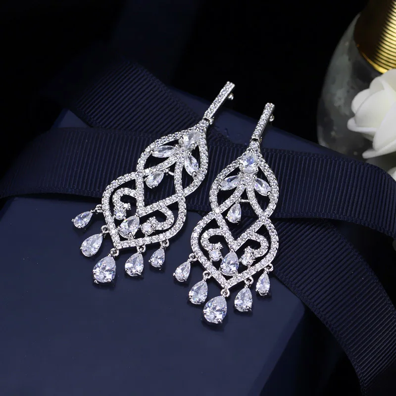 White ANGELCZ Boho этнический стиль кубического циркония ювелирные изделия безупречные каплевидные зеленый натуральный камень Пром длинные висячие серьги для женщин AE099 - Окраска металла: White