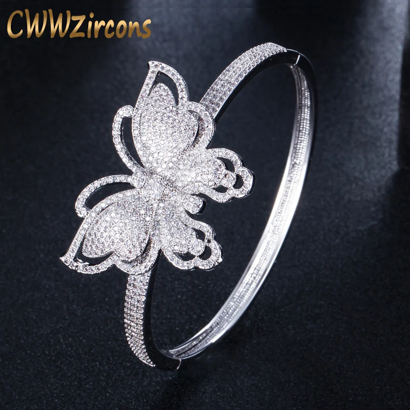 CWWZircons Brand Micro Pave Cubic Zirconia Stones Geometric Butterfly Shape Big Wide Silver Color Open Bangles For Women BG008|open bangle|bangle