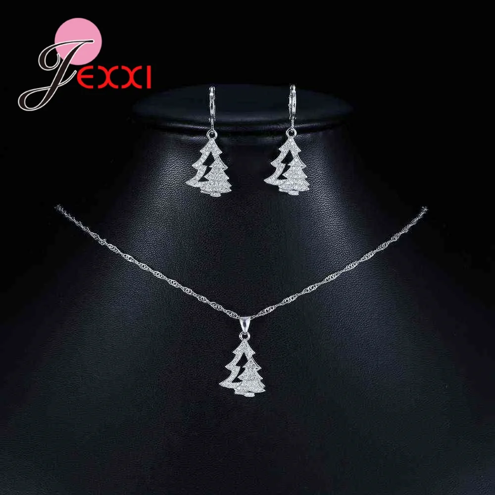 

Classic Fashion Christmas Tree Plant 925 Sterling Silver Jewelry Sets Full Zircons Delicate Necklace Earrings For Women