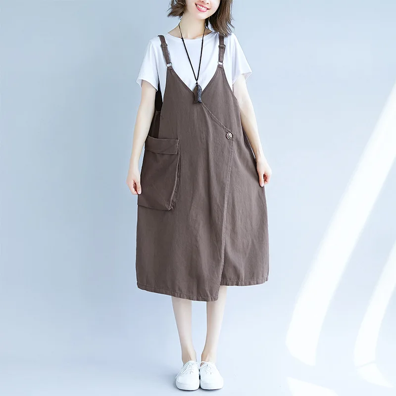 ilstile 2018 Women Spaghetti Strap Casual Loose Cotton Midi Dress Summer Autumn Fashion Pockets Plus Size Basic New M-XXL | Женская