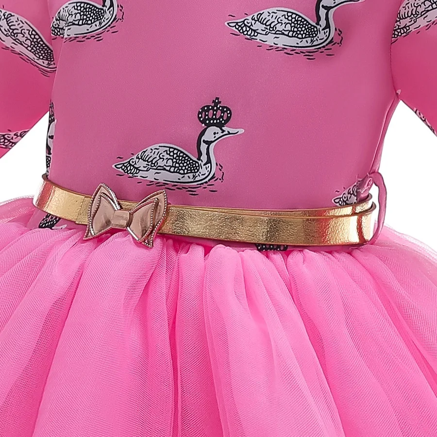 New Top Style Kids Dress For Girls spring Summer Girl's Mesh Wedding Party Swan Printed Midsleeve Clothes | Детская одежда и