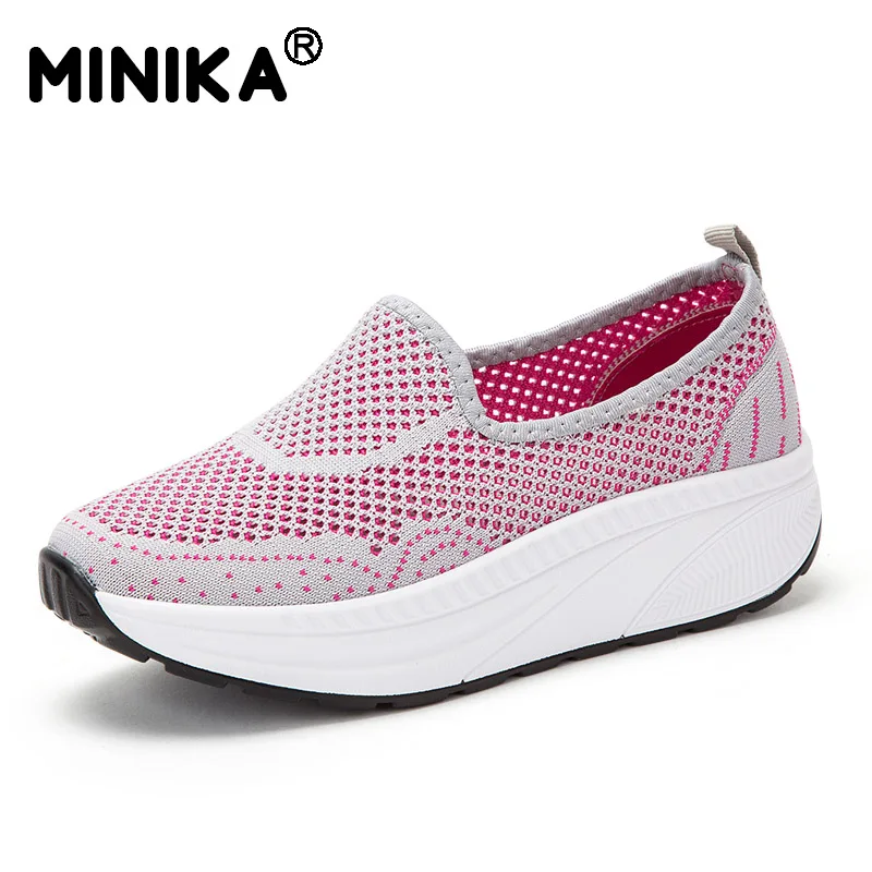 grey Minika/сезон лето; коллекция года; Повседневная дышащая обувь на танкетке; Chaussure Femme; женская обувь на платформе; zapatos mujer - Цвет: grey