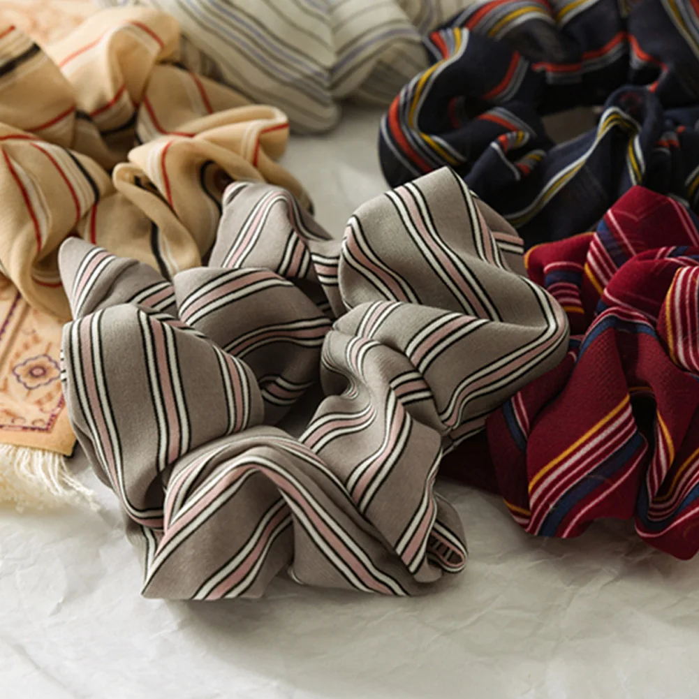 Vintage Flower Striped Plaid Soft Chiffon Hair Scrunchies Elegant Women Girls Printed Elastic Hair Rubber Bands Hair Accessories