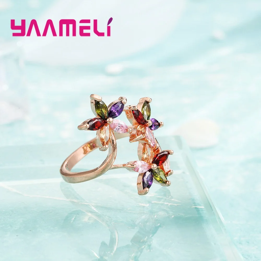 

High Standard 925 Sterling Silver Rose Gold Rings for Women Multi Colors 3 Flowers Rounding CZ Cubic Zircon Stone Metal Jewelry