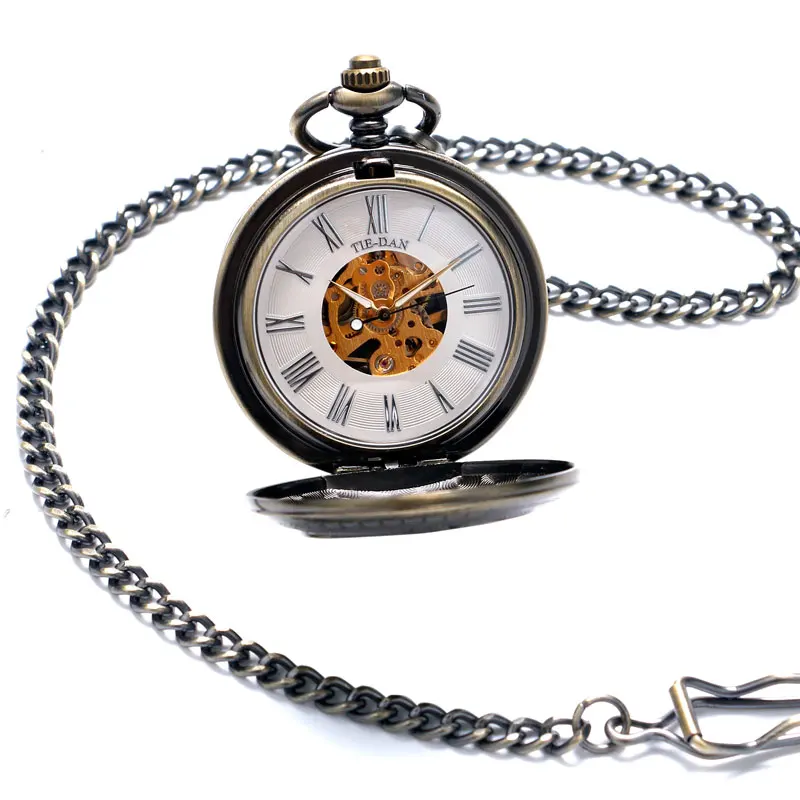 Pocket Watches Retro Bronze FOB Double Hunter Design Mechanical Hand Wind  Men Gift Women Pendant Necklace Unique Clock P1034C