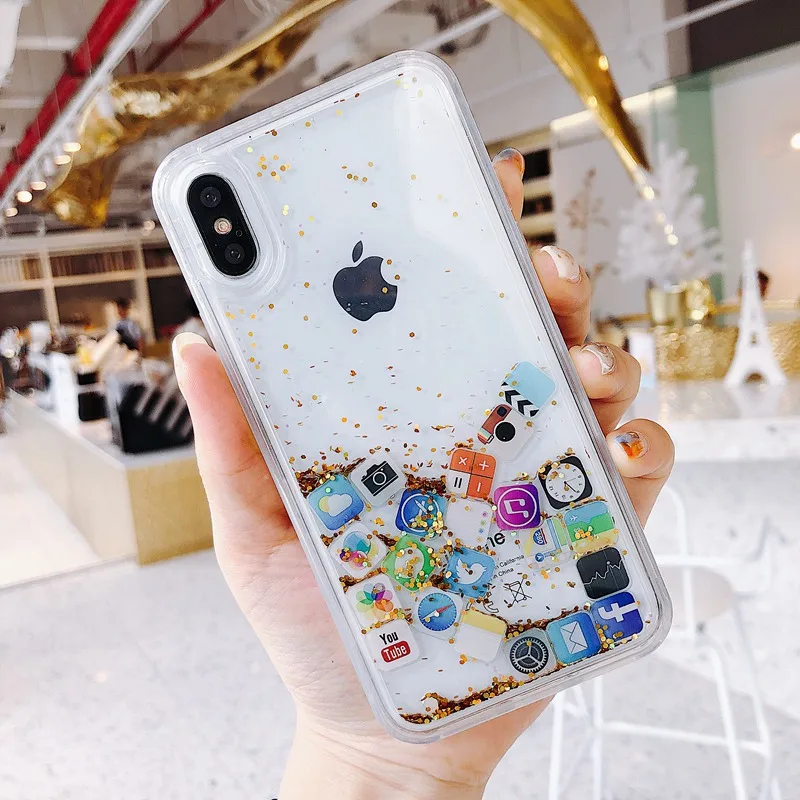 Mobile Apps Liquid Glitter Quicksand Back Cover Case for iPhone X XR XS Max 360 Shockproof 6 7 8 Plus Phone |