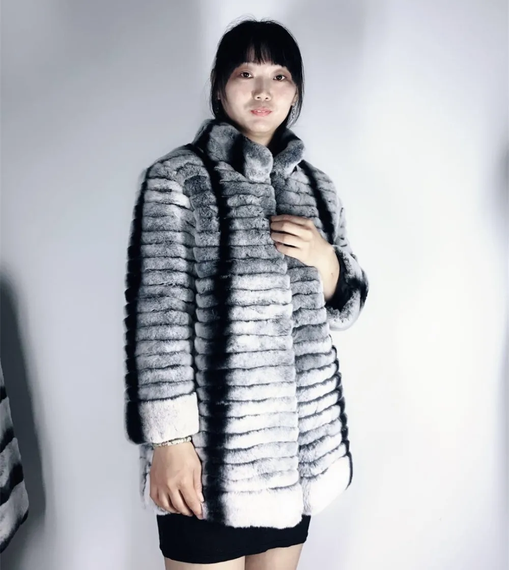S-4XL Winter Warm Stand Collar Real Rex Rabbit Fur Coat Chinchilla Color Women Fur Coat And Jacket enlarge