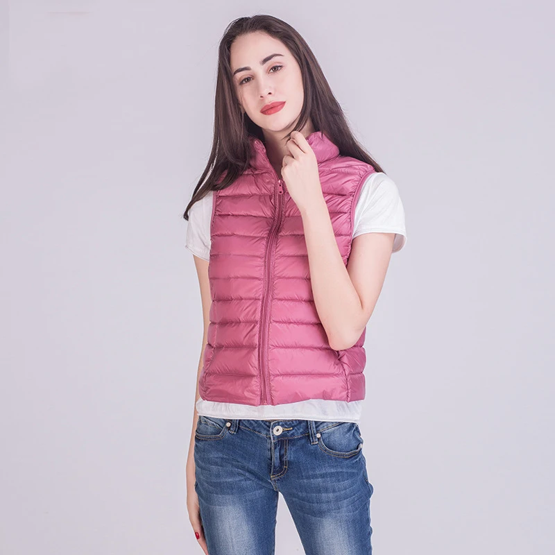 Light Pink Новинка, зимний жилет на 90% белом утином пуху, теплый тонкий женский пуховик на молнии с воротником-стойкой, 12 цветов, S-3XL - Цвет: Light Pink