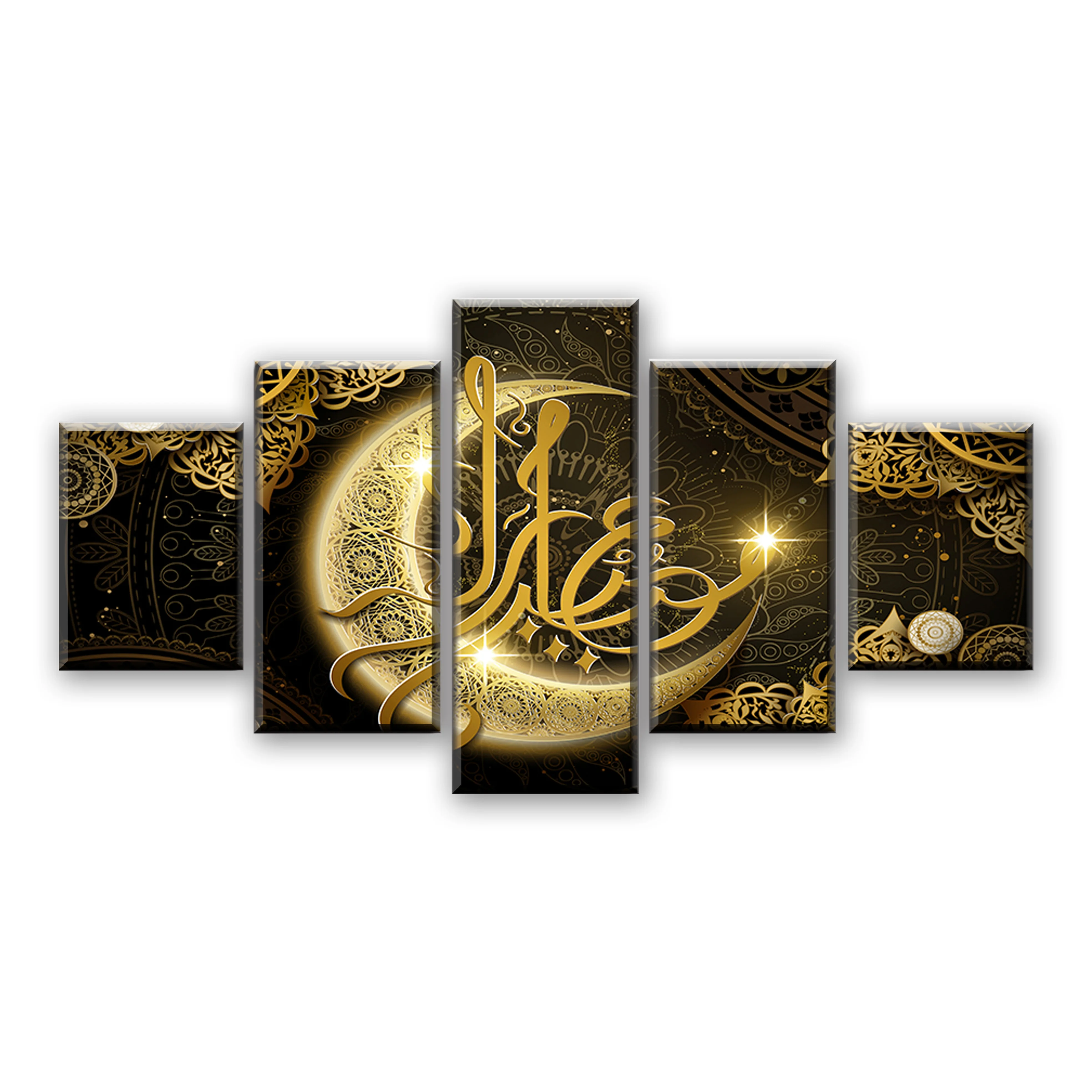 

HD Prints Poster Living Room Decor 5 Pieces Islam Allah The Qur'An Gold Moon Painting Muslim Canvas Pictures Wall Art Framework