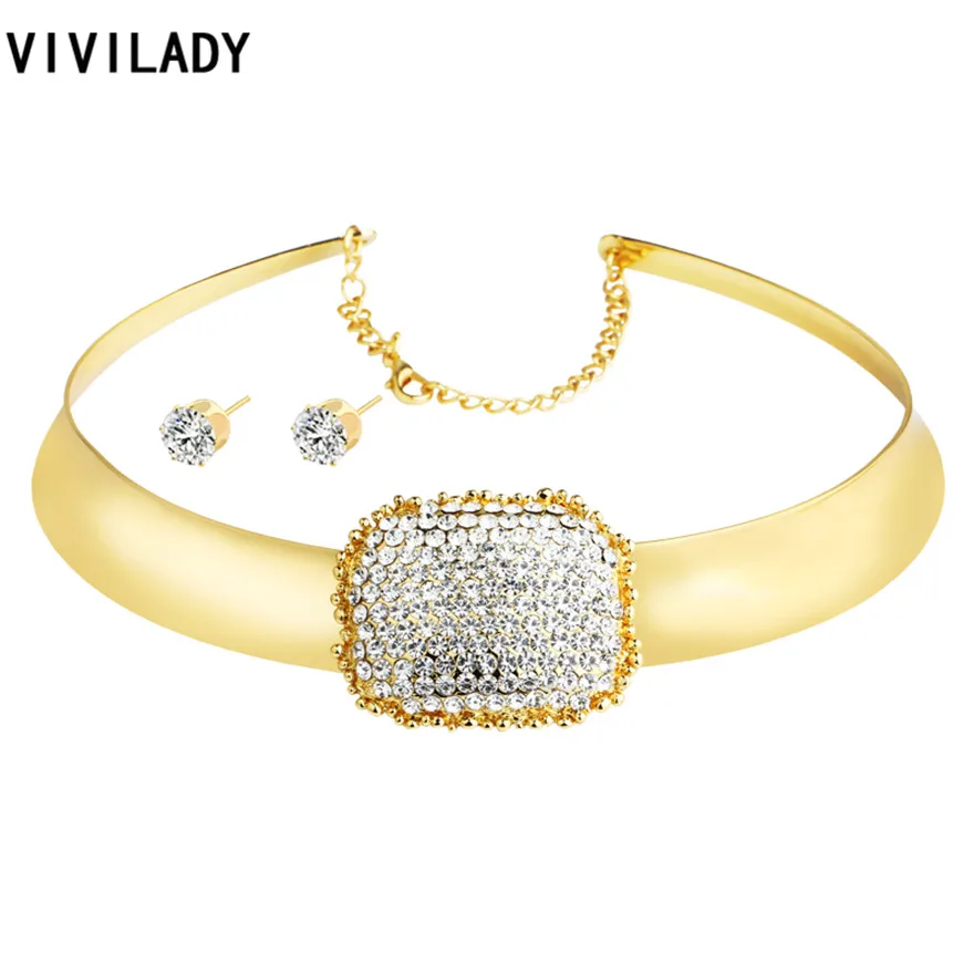 VIVILADY модные новые Ювелирные наборы золотого цвета крупные Чокеры стразы