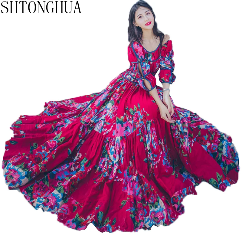 Женское длинное платье с цветочным принтом SHTONGHUA винтажное праздничное в