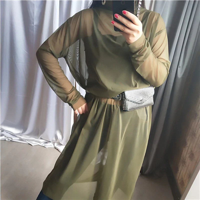 [EAM] New Autumn Winter High Collar Long Sleeve Black Mesh Perspective Colorful Long Big Size Dress Women Fashion JU790