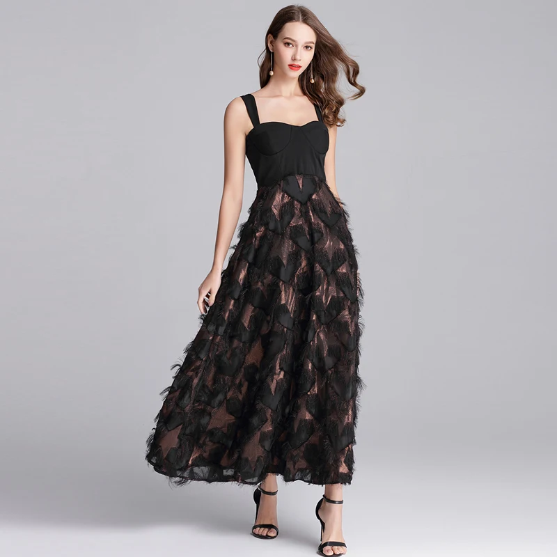 2018 Summer femme black Pentagram jacquard Spaghetti Strap dress vestidos women Strapless Tassel party sexy long | Женская одежда