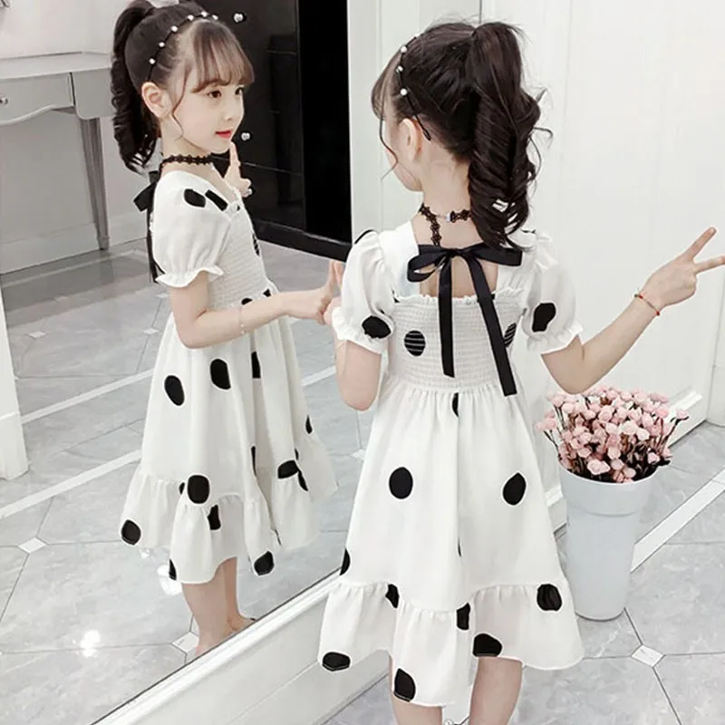 Платья принцессы в белый горошек платье с пышными рукавами для девочек детская