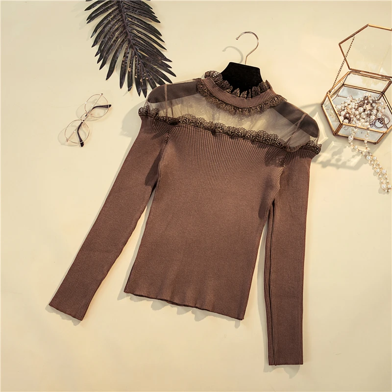 Korobov 2019 New Mesh Lace Patchwork Sweaters Korean Slim Hollow Out Knitted Pullovers Turtleneck Basics Sueter Mujer 78601 | Женская