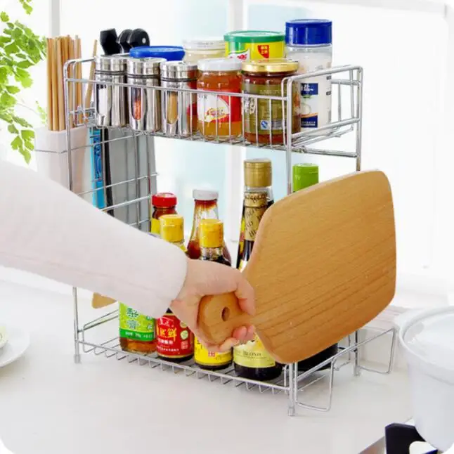 Stainless Steel Double Layer Seasoning Spice Storage Rack Chopsticks Cage Chopping Board Shelf Kitchen Tool Holder
