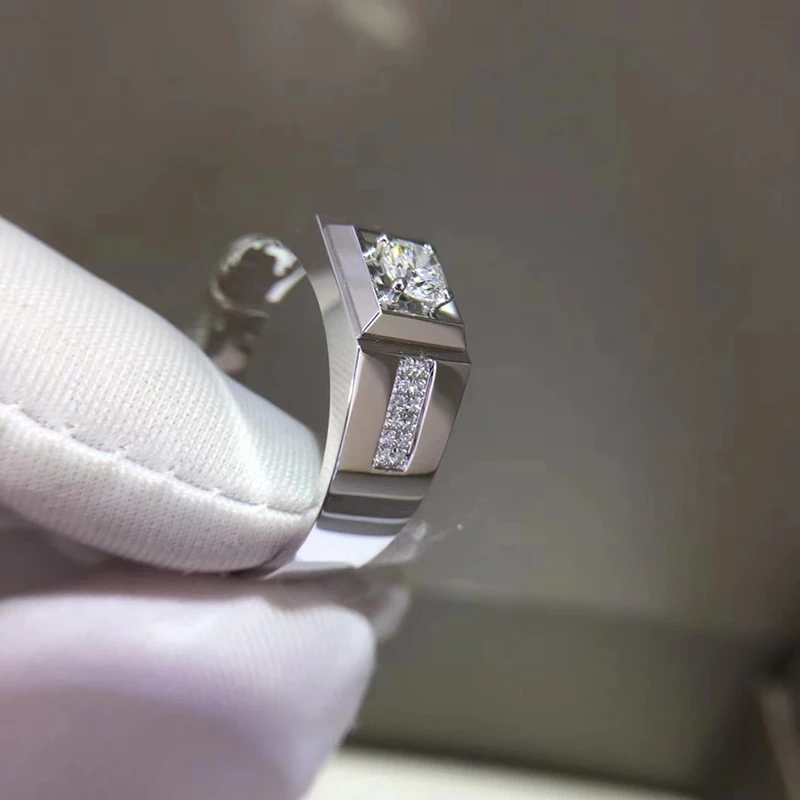 Роскошное кольцо Moissanite, 14 к, белое золото, 1CT, круглая огранка, искусственный бриллиант, браслет для мужчин, свадебные мужские украшения