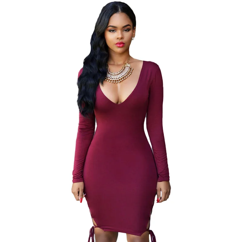 Новый женский осень весна с длинным рукавом сексуальное платье 3 цветов глубокий