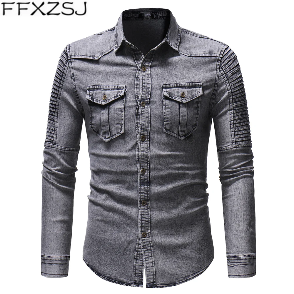 

FFXZSJ Brand Men's wear new pleated patchwork sleeves denim shirt long sleeve denim jacket for men Casual Turn-down Collar