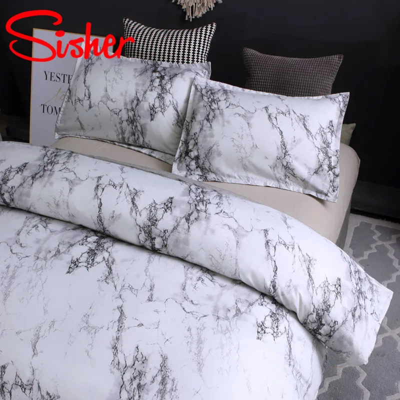 Современный набор постельного белья с мраморным принтом белый и черный