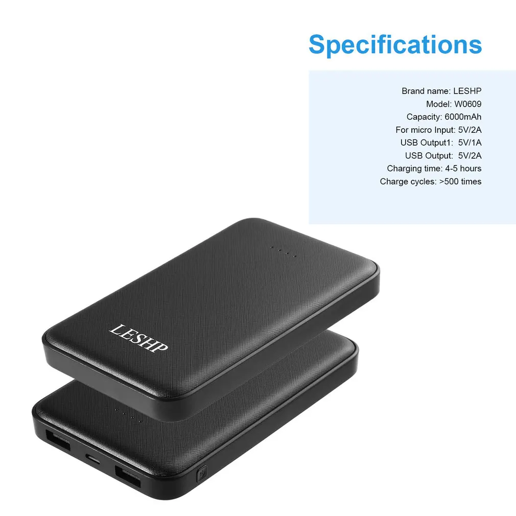 LESHP Black Super-high 10000mAh Capacity 5V 2A 2 Port Lightweight Portable Easy to Carry Compact Fast-charging Power Bank