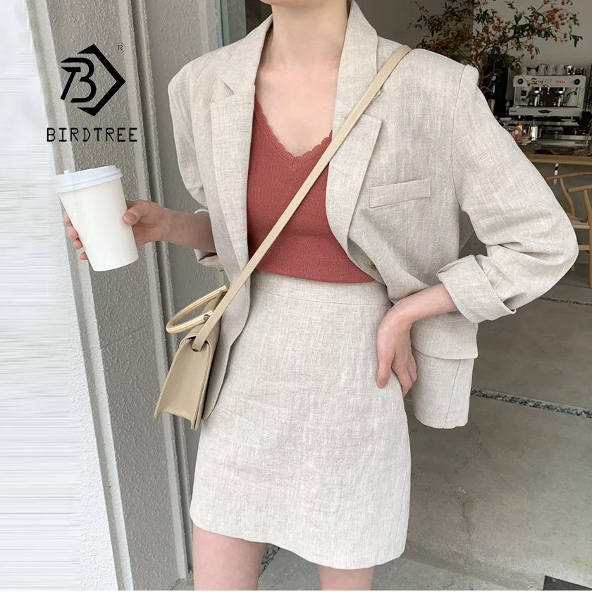 Новое поступление Женский хлопковый льняной костюм с юбкой блейзер высокой