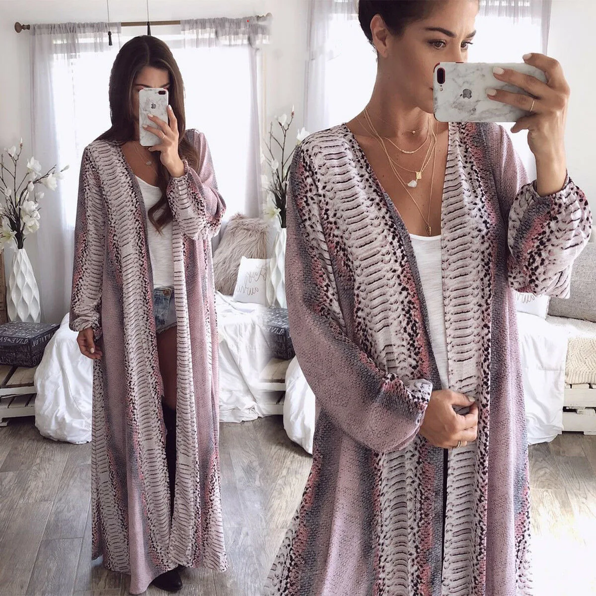 2019 Newest Womens Long Sleeve Snake Chiffon Cardigan Boho Outwear Jacket Coat Tops Gown | Женская одежда