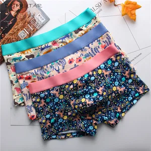 Трусы-боксеры мужские, хлопковые, с цветочным принтом, бесшовные, с объемным мешочком