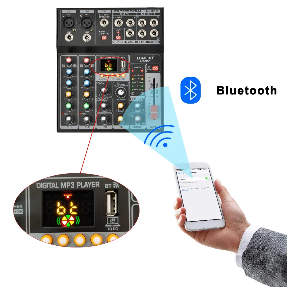 LOMEHO AM-G05 портативный Bluetooth USB воспроизведение запись 5 каналов ПК воспроизведение гитары 2 моно 1 стерео профессиональный аудио микшер