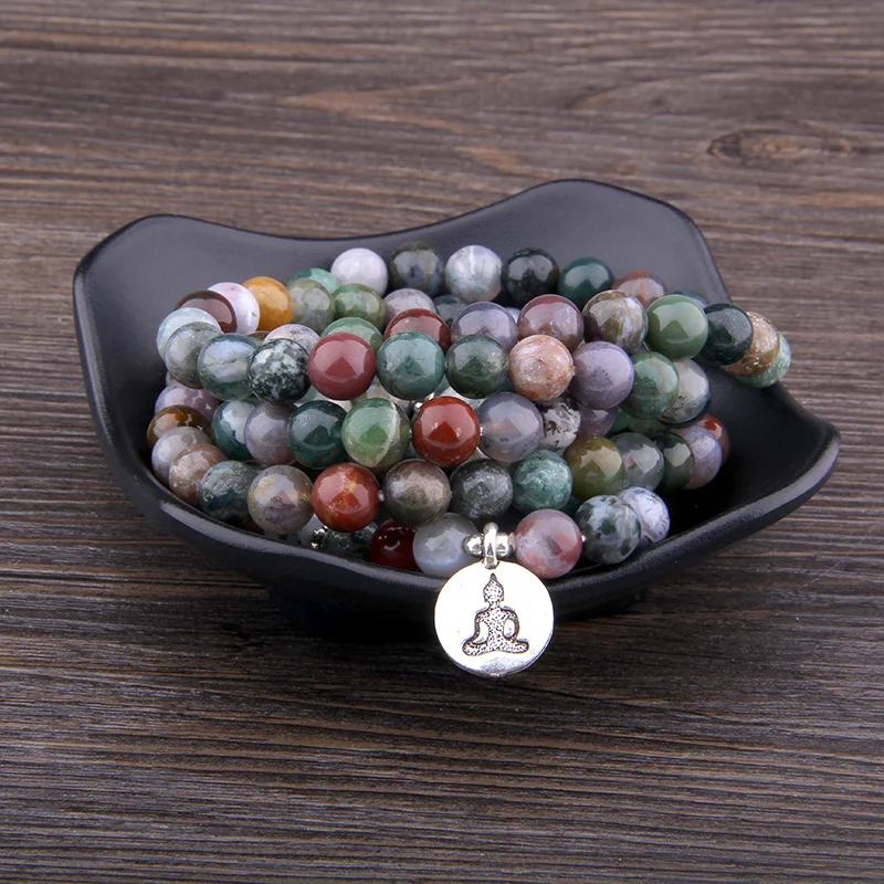 Мужские и женские браслеты из натурального камня 108 Mala India Agates Beads для йоги женщин