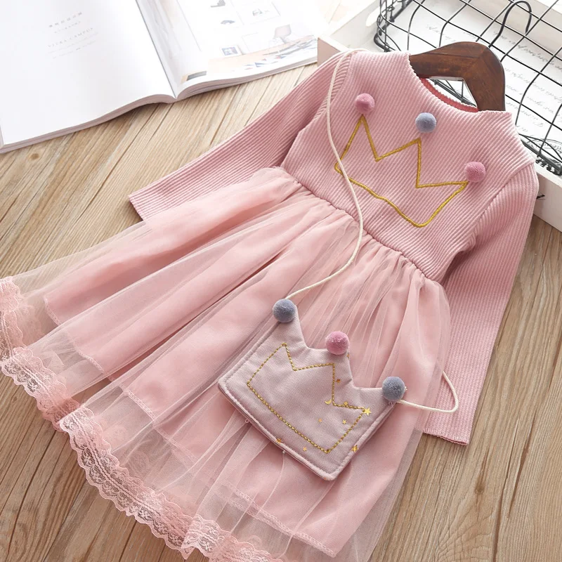 Girls dress 2019 spring new girls cartoon crown mesh + bag Baby Clothing Dress | Детская одежда и обувь