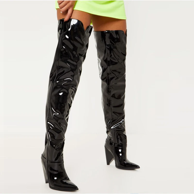 black pu SARAIRIS/Размеры 35-43, высокие сапоги до бедра на высоком каблуке Женская обувь из лакированной искусственной кожи пикантные женские вечерние ботфорты с острым носком - Цвет: black pu