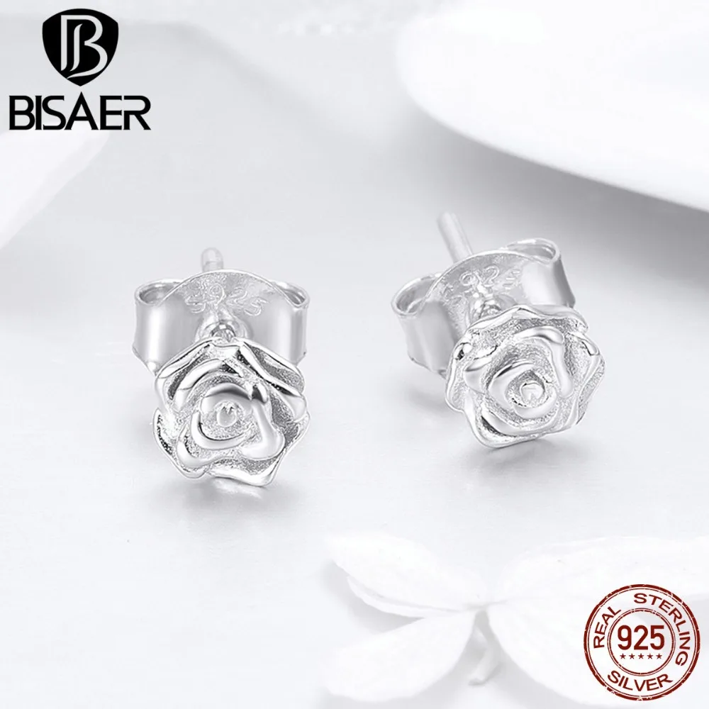 

BISAER 925 Sterling Silver Romantic Rose Flower Small Stud Earrings for Women Fashion Flower Shape Earrings Jewelry EFE012