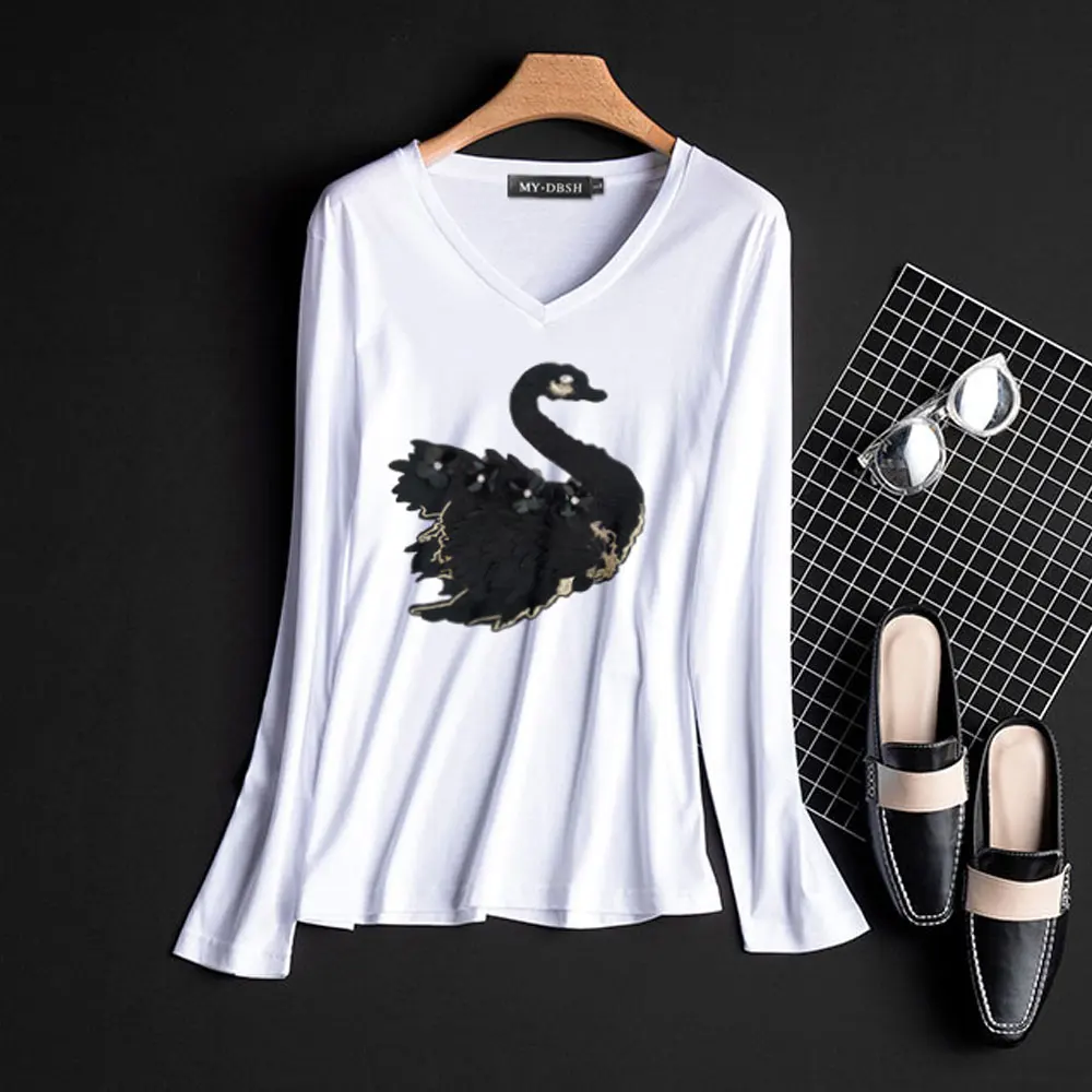 Женская эластичная футболка с лебедем Повседневная хлопковая длинным рукавом