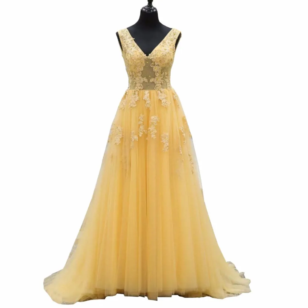 

Vestido De Festa Yellow Evening Dresses Long 2020 A Line V-Neck Beaded Lace Tulle Floor Length Formal Evening Gown Party Dress