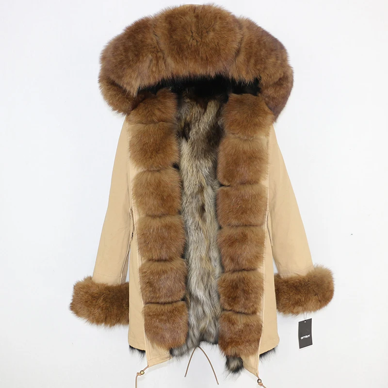 OFTBUY, длинная парка, зимняя куртка для женщин, натуральный Лисий мех енота, пальто с воротником, толстая теплая верхняя одежда, уличная одежда, съемная - Цвет: beige brown